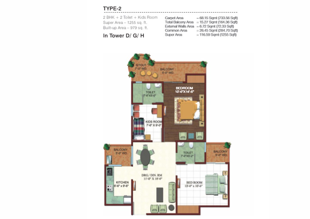 2 BHK + 2T + Kids Room
