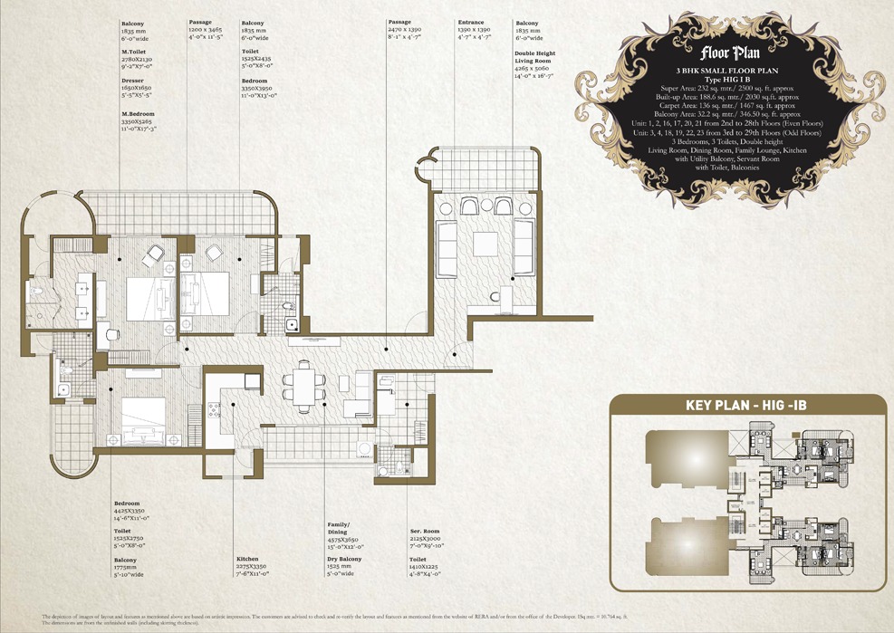 3 BHK + 3T + Servant Room