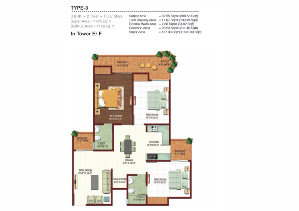 3 BHK + 2T + Store