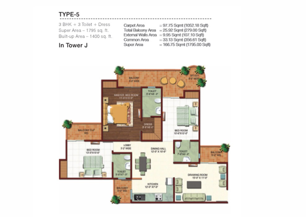 3 BHK + 3T + Dress