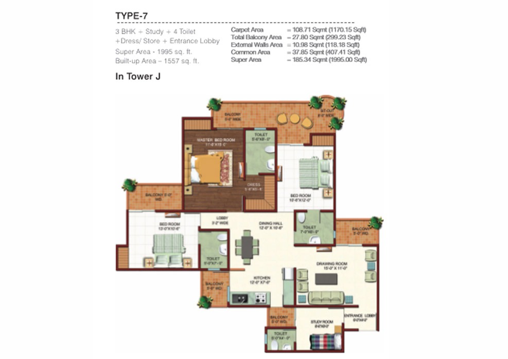 3 BHK + 4T + Dress + Study + Entrance/ Lobby