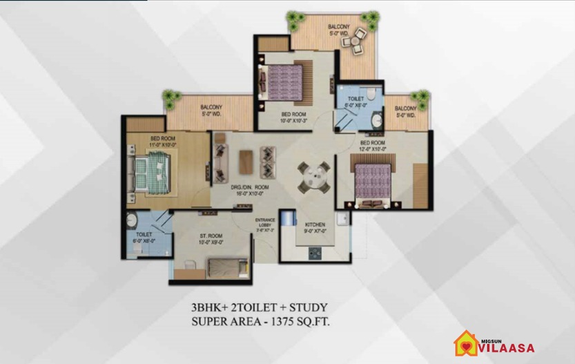 3 BHK + 2T + Study